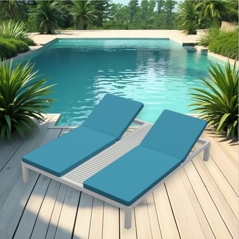 Creative Aluminium Thailand Bespoke Aluminium & Wood Products Double Aluminium Sun Lounger With Integrated Middle Table Set 20mm Timeless White